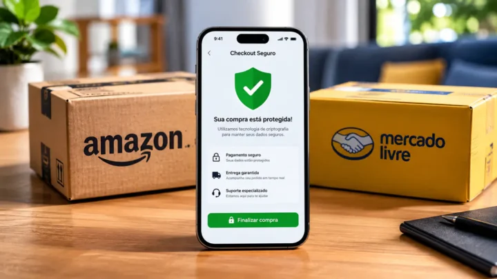 infográfico ou imagem ilustrativa sobre como comprar com segurança e evitar golpes na Amazon e Mercado Livre.