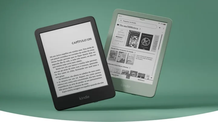 Amazon Kindle 11ª Geração em um fundo verde.