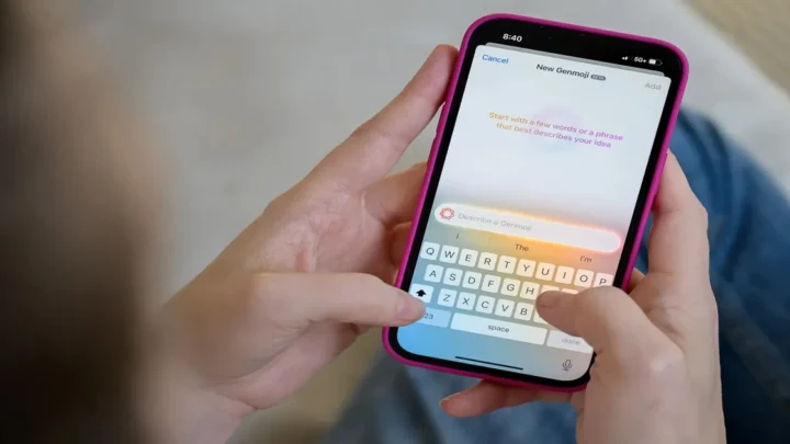 Uma pessoa com a tela do ios 27 aberta usando modelo de ia em um fundo disfocado.