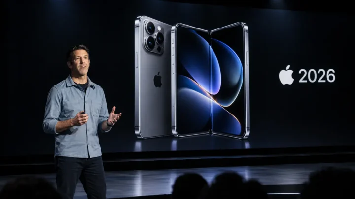 iPhone dobrável Apple Ultra e uma pessoa parecida com o novo CEO John Ternus apresentando lançamentos 2026.