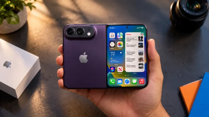 Uma pessoa com o iPhone dobrável aberto nas mãos.