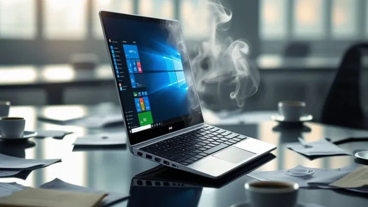 Um notebook sobe uma mesa de escritório saindo fumaça.