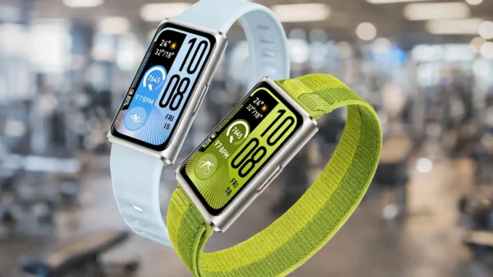 Huawei band 11 pro em um fundo de academia desfocado.