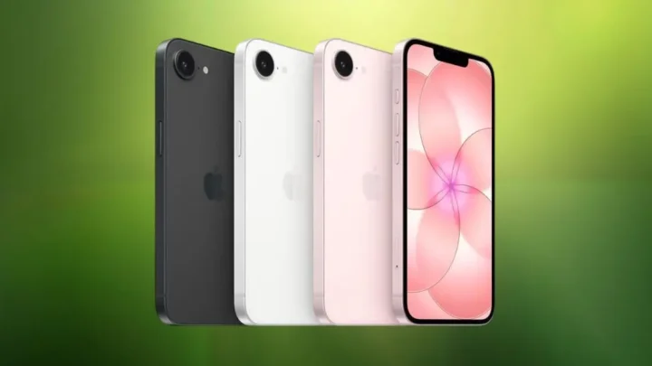 iphone 17e em cores variadas em um fundo verde desfocado.