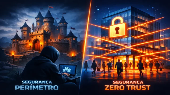 Ilustração moderna 3D mostrando um castelo medieval sendo ignorado por um hacker, enquanto ao lado um edifício corporativo moderno emite raios de verificação contínua. Contraste entre segurança antiga (perímetro) e Zero Trust. Tons azul escuro e laranja.
