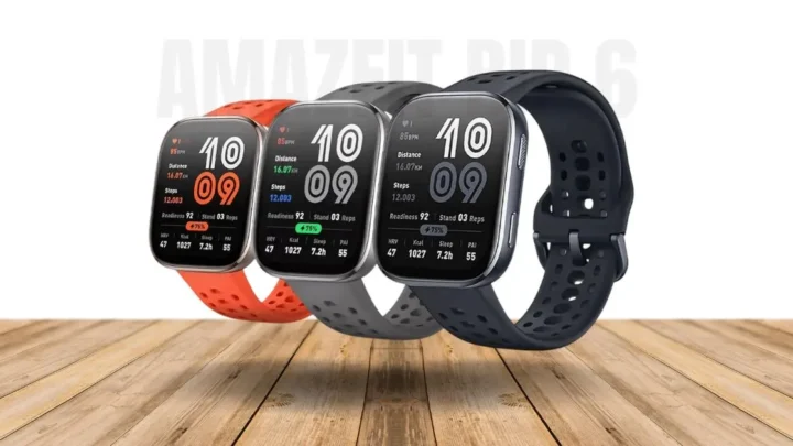 Amazfit Bip 6 em um fundo branco com pulseiras de cores diferentes.