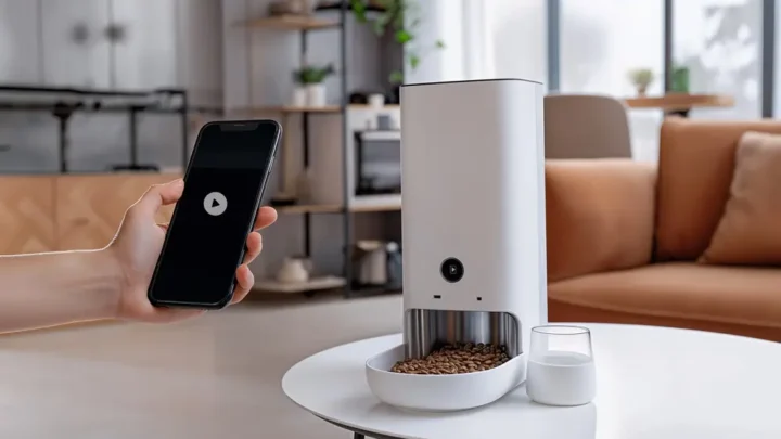 Cafeteira smart e uma mão segurando um smartphone.
