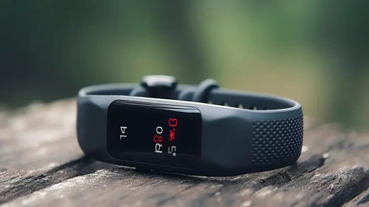 Uma smartband sobe uma mesa de madeira. Smartband Custo-benefício