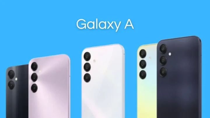 Vários smartfones Samsung Galaxy A em um fundo azul. Top 5 smartphones Galaxy A